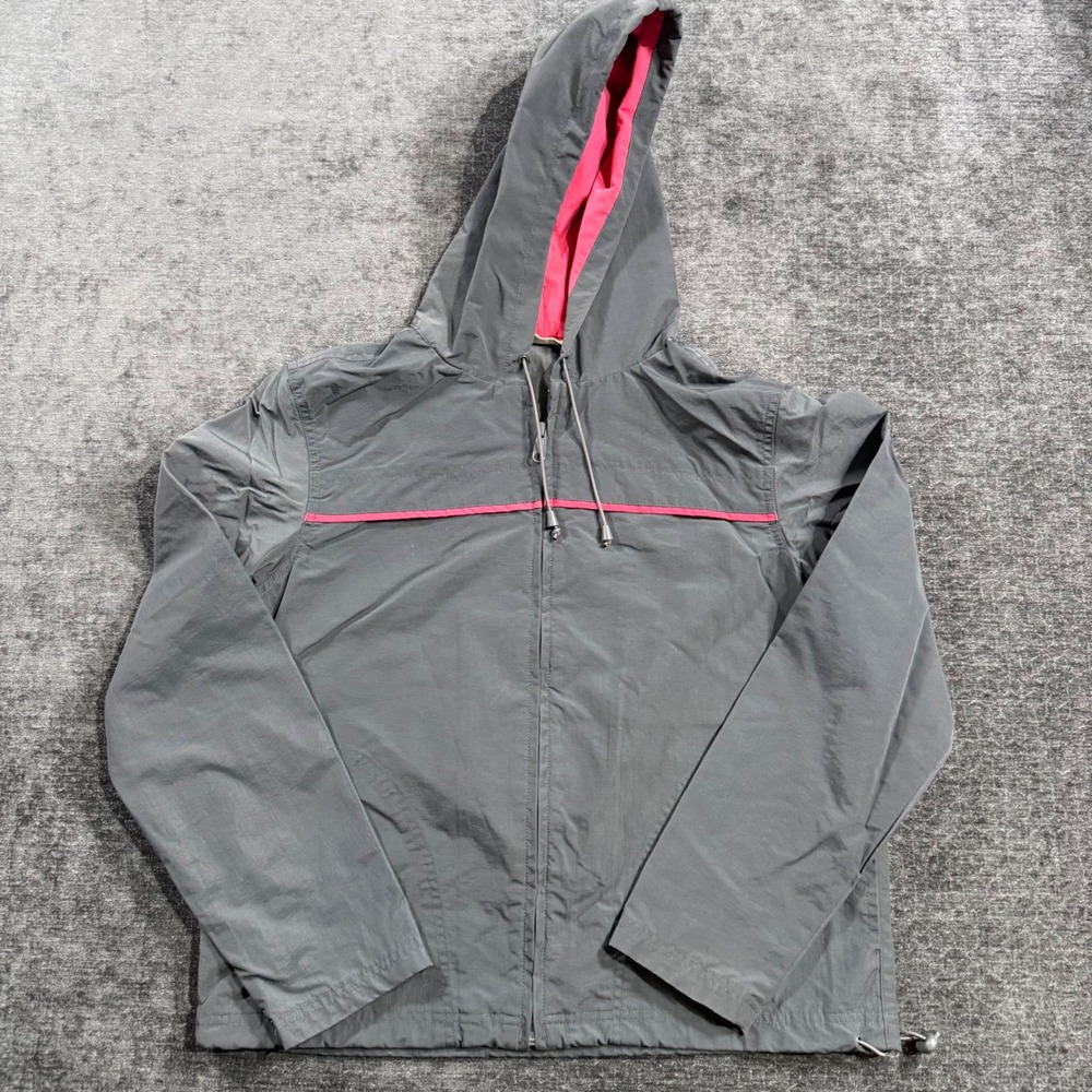 Aeropostale Womens Gray Pink Trim Hooded Windbreaker Jacket Size Medium Full Zip